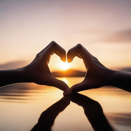 Generate an image portraying the essence of love, featuring two hands gently intertwined, a softly glowing heart symbol hovering nearby, all reflected in the gleam of a romantic sunset