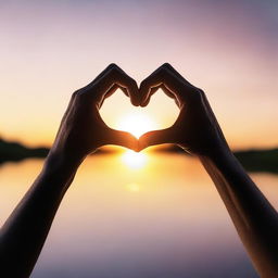 Generate an image portraying the essence of love, featuring two hands gently intertwined, a softly glowing heart symbol hovering nearby, all reflected in the gleam of a romantic sunset