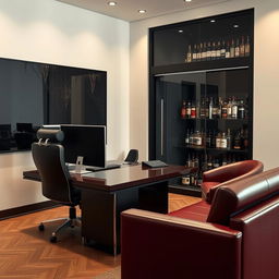 An office for a criminal organization's boss, featuring a sleek, modern aesthetic