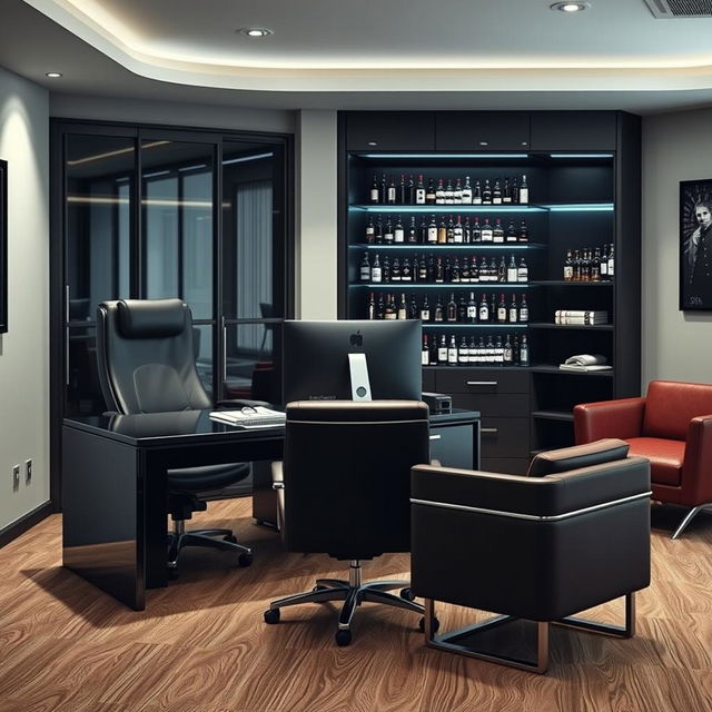 An office for a criminal organization's boss, featuring a sleek, modern aesthetic