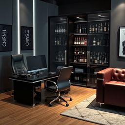 An office for a criminal organization's boss, featuring a sleek, modern aesthetic