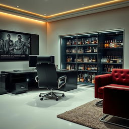 An office for a criminal organization's boss, featuring a sleek, modern aesthetic