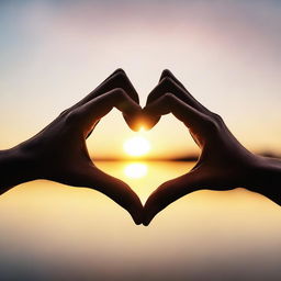 Generate an image portraying the essence of love, featuring two hands gently intertwined, a softly glowing heart symbol hovering nearby, all reflected in the gleam of a romantic sunset