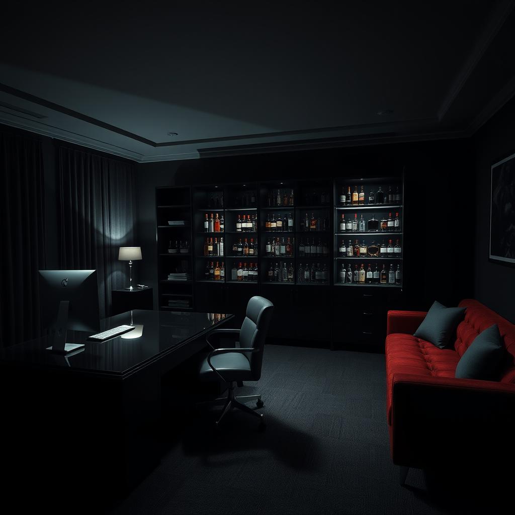 A dark, sophisticated office belonging to a criminal organization boss