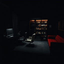 A dark, sophisticated office belonging to a criminal organization boss