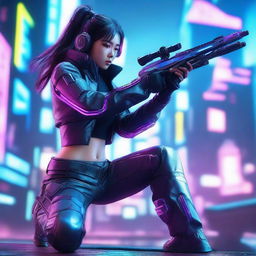 Hyper-realistic representation of an exquisite Korean girl in long pants cyberpunk gear, skillfully taking aim with a futuristic gun in the neon-drenched panorama of a high-tech futuristic city