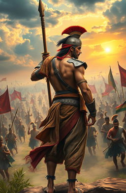 A young South Indian warrior from medieval times, depicted in dynamic action, standing bravely with his back facing the viewer, ready to confront an approaching Muslim army