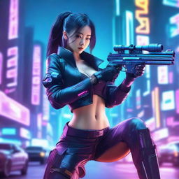 Hyper-realistic representation of an exquisite Korean girl in long pants cyberpunk gear, skillfully taking aim with a futuristic gun in the neon-drenched panorama of a high-tech futuristic city