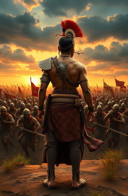 A young South Indian warrior from medieval times, depicted in dynamic action, standing bravely with his back facing the viewer, ready to confront an approaching Muslim army