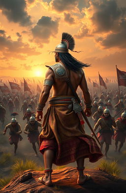 A young South Indian warrior from medieval times, depicted in dynamic action, standing bravely with his back facing the viewer, ready to confront an approaching Muslim army