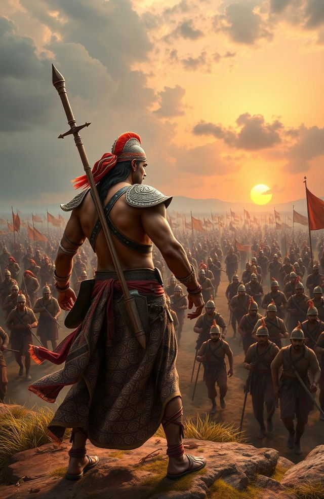 A young South Indian warrior from medieval times, depicted in dynamic action, standing bravely with his back facing the viewer, ready to confront an approaching Muslim army