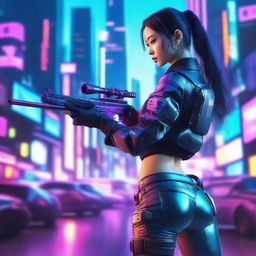 Hyper-realistic representation of an exquisite Korean girl in long pants cyberpunk gear, skillfully taking aim with a futuristic gun in the neon-drenched panorama of a high-tech futuristic city