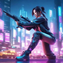 Hyper-realistic representation of an exquisite Korean girl in long pants cyberpunk gear, skillfully taking aim with a futuristic gun in the neon-drenched panorama of a high-tech futuristic city