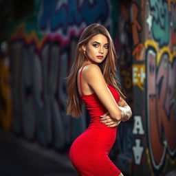 A stunning model photoshoot set in an urban environment, featuring a tall, slender female model with long brown hair, dressed in a fashionable, form-fitting red dress