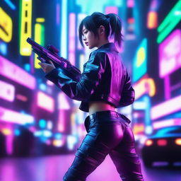 Hyper-realistic image of a beautiful Japanese girl in long pants cyberpunk attire, deftly firing a high-tech gun amidst the dazzling neon landscapes of a futuristic cybernetic Tokyo