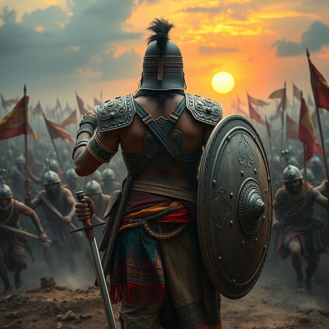 A young Kannada warrior from medieval times, depicted in a dramatic third-person view, standing resolutely with his back facing the viewer, prepared to defend against an oncoming Muslim army