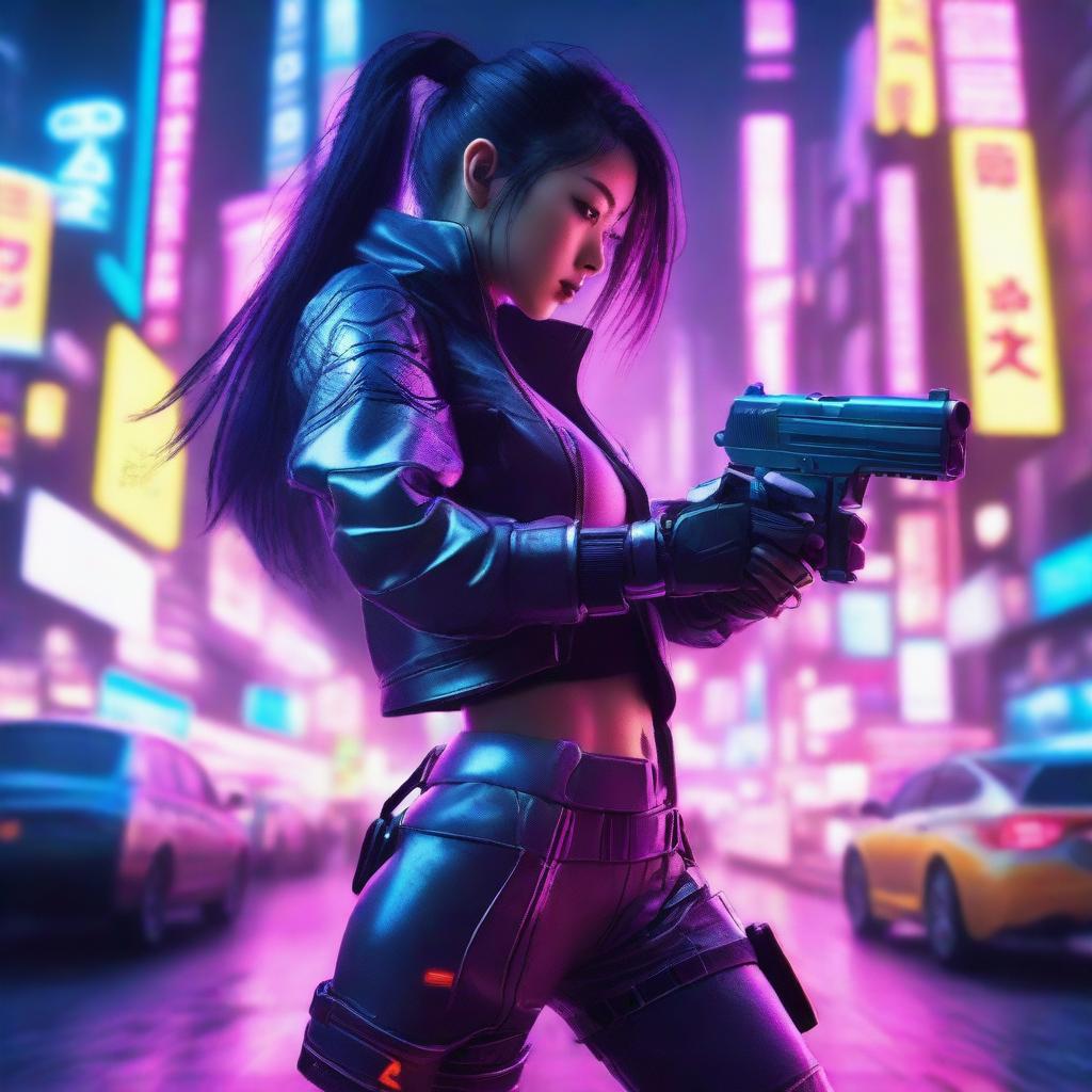 Hyper-realistic image of a beautiful Japanese girl in long pants cyberpunk attire, deftly firing a high-tech gun amidst the dazzling neon landscapes of a futuristic cybernetic Tokyo