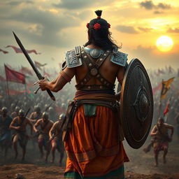 A young Kannada warrior from medieval times, depicted in a dramatic third-person view, standing resolutely with his back facing the viewer, prepared to defend against an oncoming Muslim army