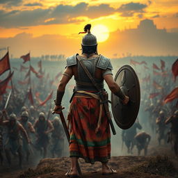 A young Kannada warrior from medieval times, depicted in a dramatic third-person view, standing resolutely with his back facing the viewer, prepared to defend against an oncoming Muslim army