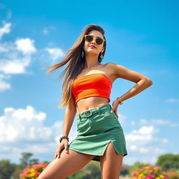 A fashion model posing confidently in a trendy crop top and a stylish miniskirt, showcasing a vibrant and playful summer vibe