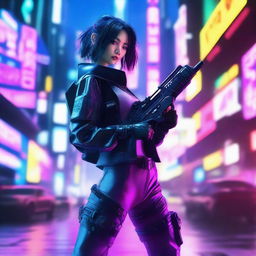 Hyper-realistic image of a beautiful Japanese girl in long pants cyberpunk attire, deftly firing a high-tech gun amidst the dazzling neon landscapes of a futuristic cybernetic Tokyo