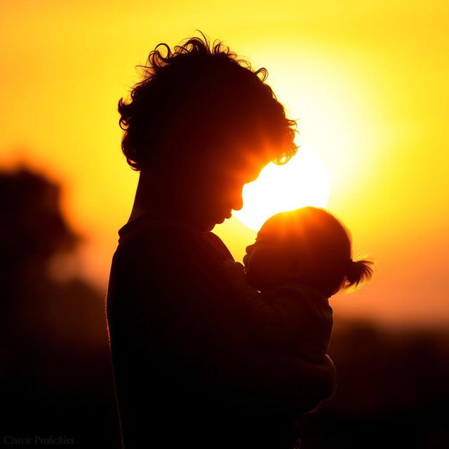 A dramatic silhouette of a young boy with curly hair gently holding an infant girl in his arms, both figures outlined against a vibrant sunset background