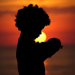 A dramatic silhouette of a young boy with curly hair gently holding an infant girl in his arms, both figures outlined against a vibrant sunset background