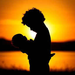 A dramatic silhouette of a young boy with curly hair gently holding an infant girl in his arms, both figures outlined against a vibrant sunset background