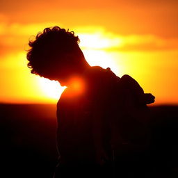 A dramatic silhouette of a young boy with curly hair gently holding an infant girl in his arms, both figures outlined against a vibrant sunset background