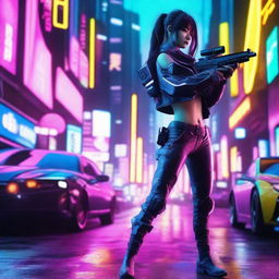 Hyper-realistic image of a beautiful Japanese girl in long pants cyberpunk attire, deftly firing a high-tech gun amidst the dazzling neon landscapes of a futuristic cybernetic Tokyo