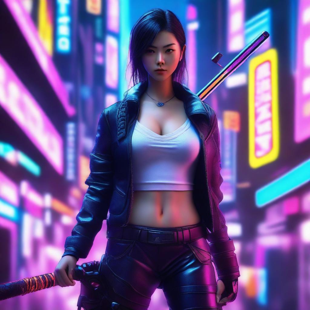 Hyper-realistic depiction of a stunning Japanese girl, garbed in long pants and cyberpunk samurai gear, confidently brandishing her gleaming katana amidst the vivid neon glow of a technologically advanced Tokyo