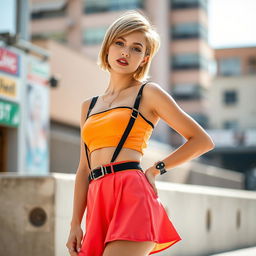 A stylish and fashionable photoshoot featuring a model with short hair, wearing a trendy crop top and a flirty miniskirt