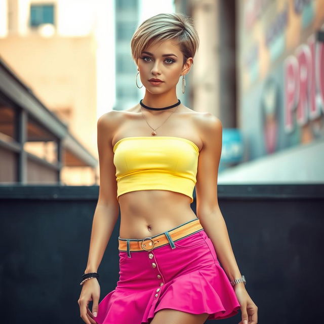 A stylish and fashionable photoshoot featuring a model with short hair, wearing a trendy crop top and a flirty miniskirt