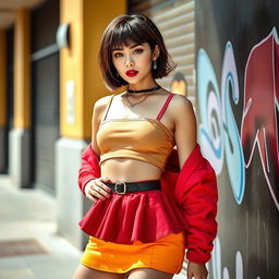 A stylish and fashionable photoshoot featuring a model with short hair, wearing a trendy crop top and a flirty miniskirt