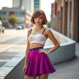A stylish and fashionable photoshoot featuring a model with short hair, wearing a trendy crop top and a flirty miniskirt
