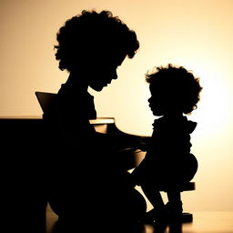 A captivating silhouette of a young boy with curly hair playing the piano, beside him sits his baby sister, who also has adorable curly hair