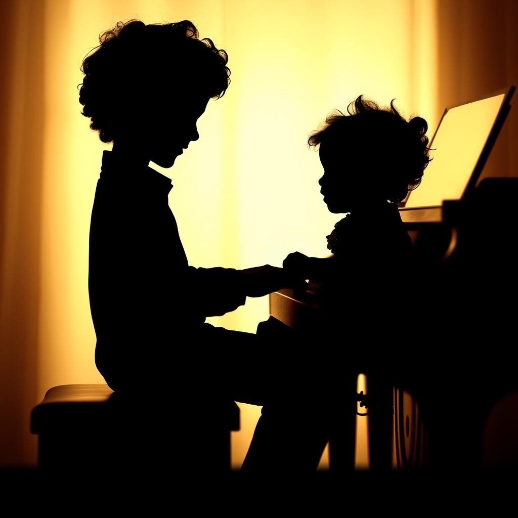 A captivating silhouette of a young boy with curly hair playing the piano, beside him sits his baby sister, who also has adorable curly hair