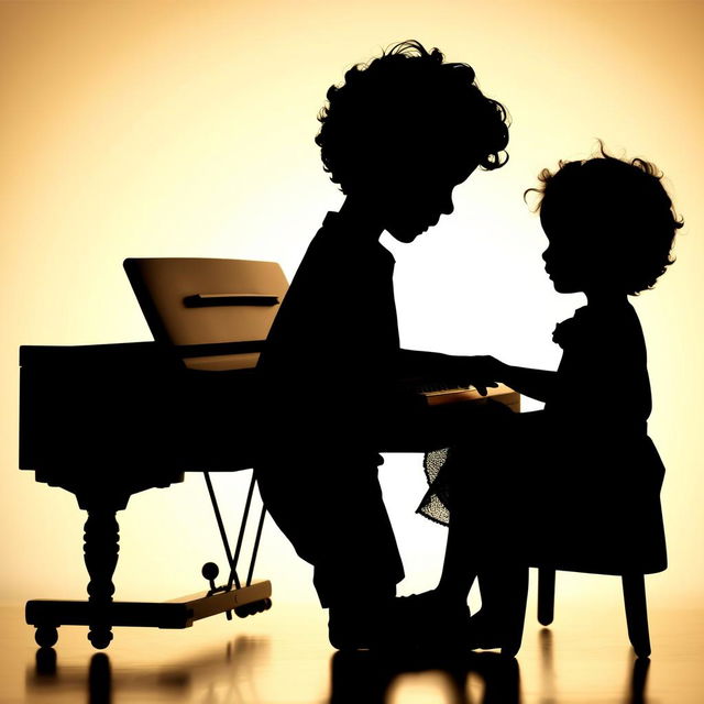 A captivating silhouette of a young boy with curly hair playing the piano, beside him sits his baby sister, who also has adorable curly hair