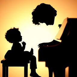 A captivating silhouette of a young boy with curly hair playing the piano, beside him sits his baby sister, who also has adorable curly hair