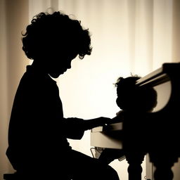 A beautiful silhouette of a young curly-haired boy playing the piano, with his baby sister, who also has curly hair, sitting next to him
