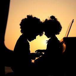 A beautiful silhouette of a young curly-haired boy playing the piano, with his baby sister, who also has curly hair, sitting next to him
