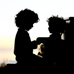 A beautiful silhouette of a young curly-haired boy playing the piano, with his baby sister, who also has curly hair, sitting next to him