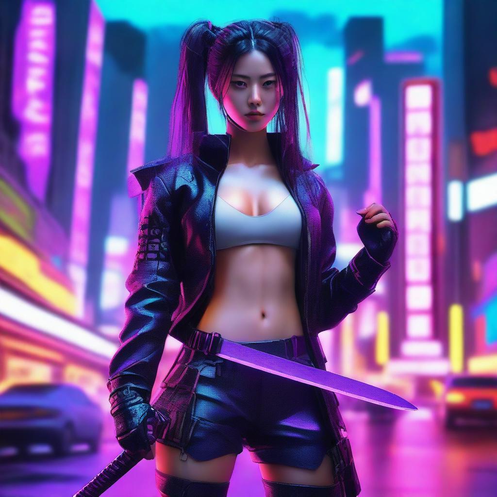 Hyper-realistic depiction of a stunning Japanese girl, garbed in long pants and cyberpunk samurai gear, confidently brandishing her gleaming katana amidst the vivid neon glow of a technologically advanced Tokyo