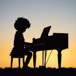 A beautiful silhouette of a young curly-haired boy playing the piano, with his baby sister, who also has curly hair, sitting next to him