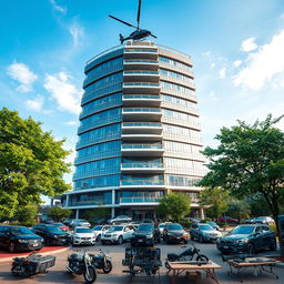 A massive seven-story building towering against the sky, featuring a sleek black helicopter perched on the roof