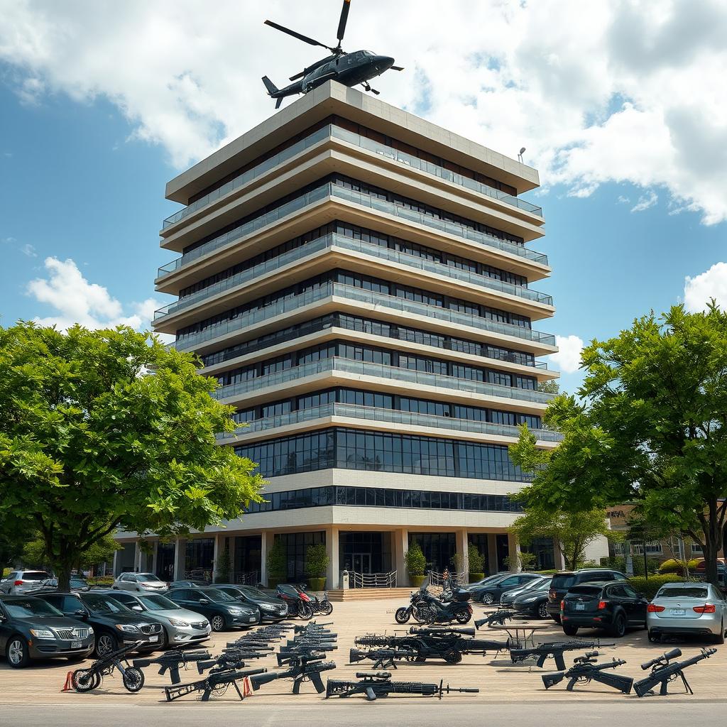 A massive seven-story building towering against the sky, featuring a sleek black helicopter perched on the roof