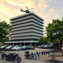 A massive seven-story building towering against the sky, featuring a sleek black helicopter perched on the roof