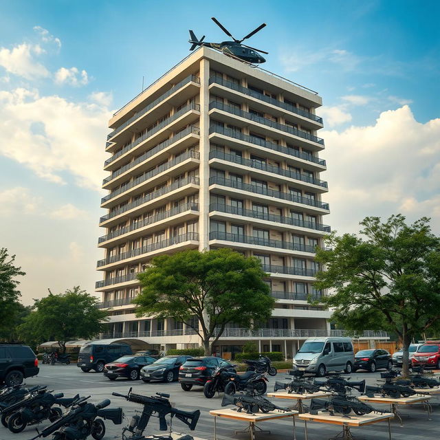 A massive seven-story building towering against the sky, featuring a sleek black helicopter perched on the roof