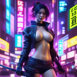 Hyper-realistic depiction of a stunning Japanese girl, garbed in long pants and cyberpunk samurai gear, confidently brandishing her gleaming katana amidst the vivid neon glow of a technologically advanced Tokyo