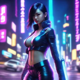 A hyper-realistic portrayal of a beautiful Japanese girl dressed in futuristic cyberpunk attire with long pants, effortlessly wielding a giant neon-lit sword amidst a sprawling, technologically advanced Tokyo cityscape